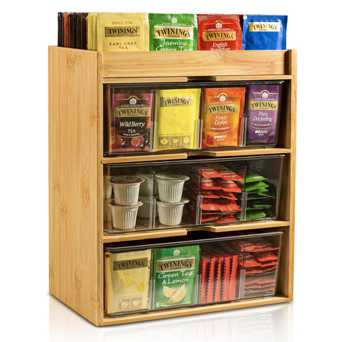TIMIEEYA front view showing three-layer bamboo tea organizer and neat drawers