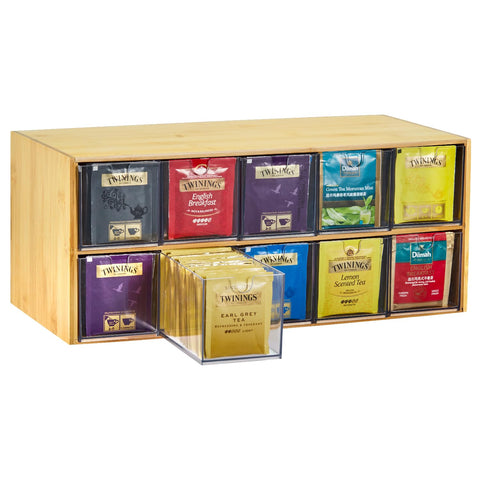 TIMIEEYA front view of organizer showing bamboo and acrylic, keeps tea visible