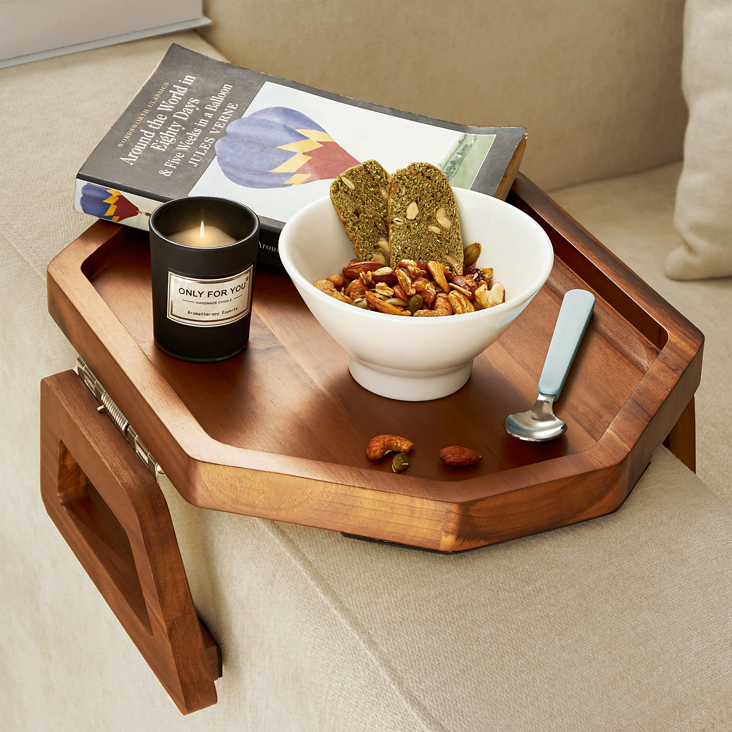 Tinamo front view of acacia sofa arm tray showing stylish walnut tone and space-saving benefit