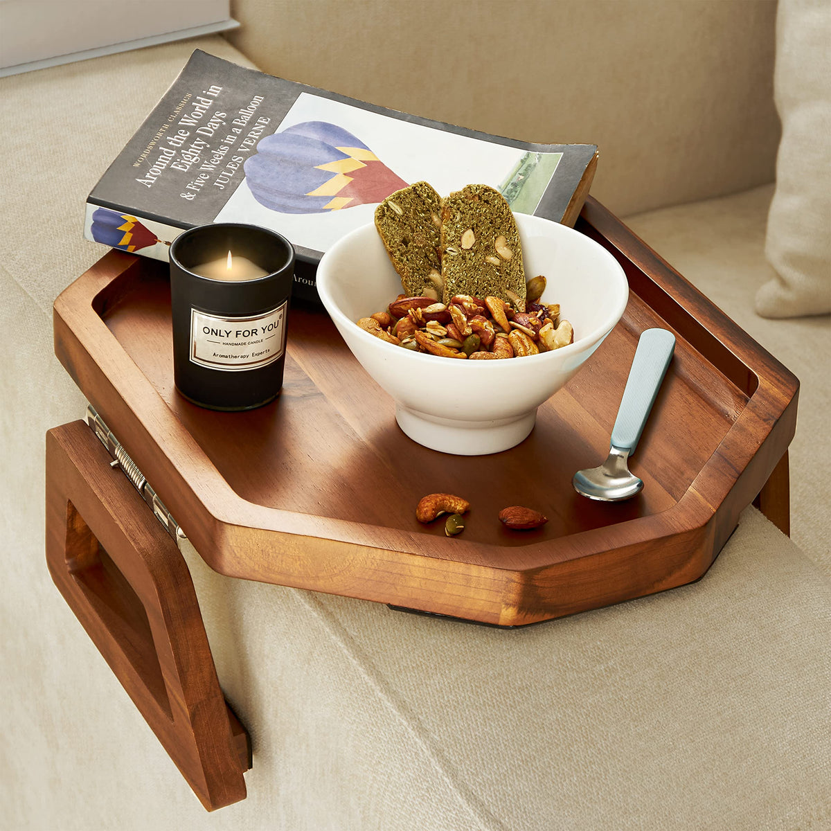 Tinamo front view of acacia sofa arm tray showing stylish walnut tone and space-saving benefit
