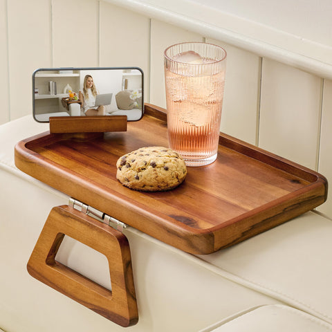 TINAMO front view showing tray on sofa arm for stable drinks