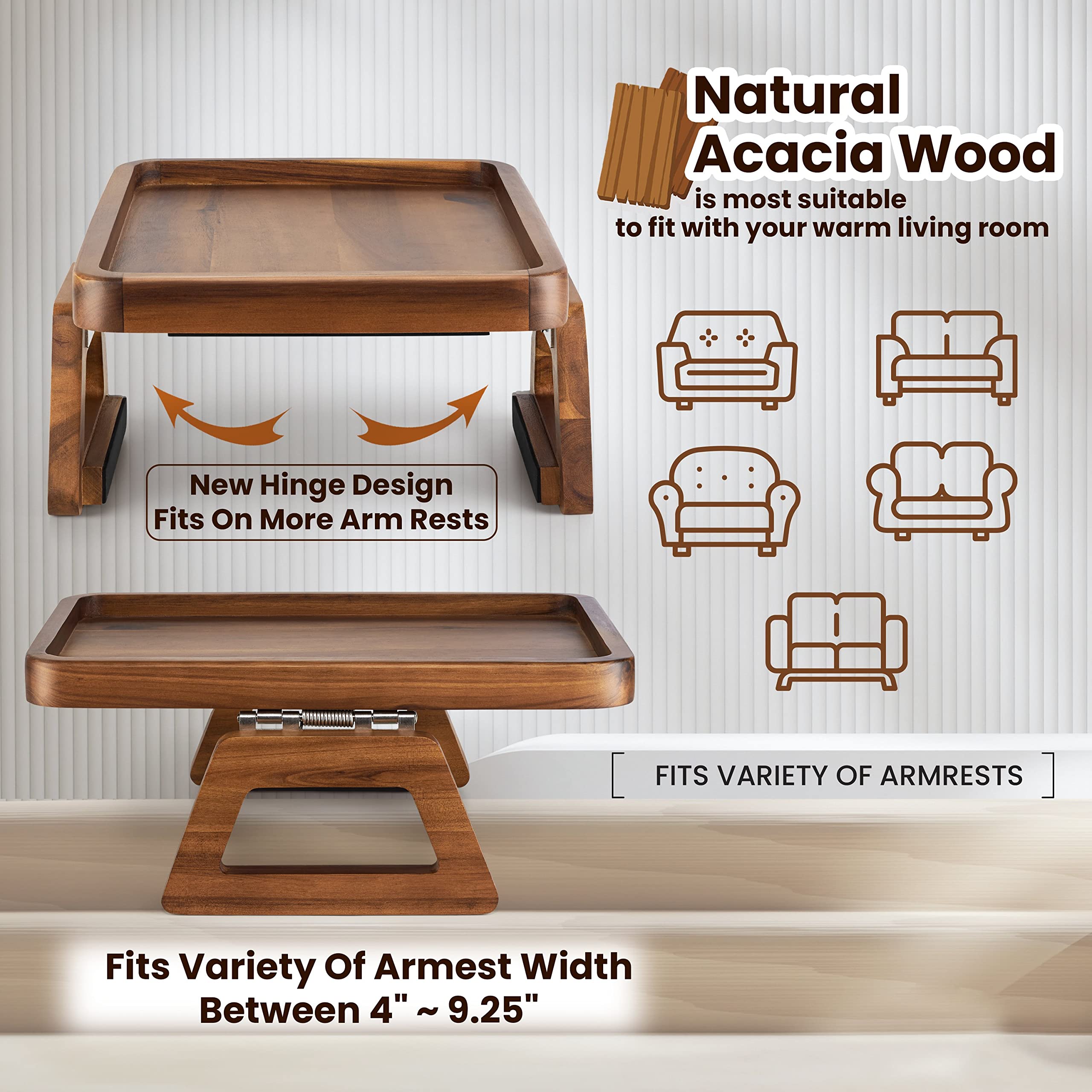 Tinamo tray clipped on sofa arm holding a drink and remote, provides secure surface