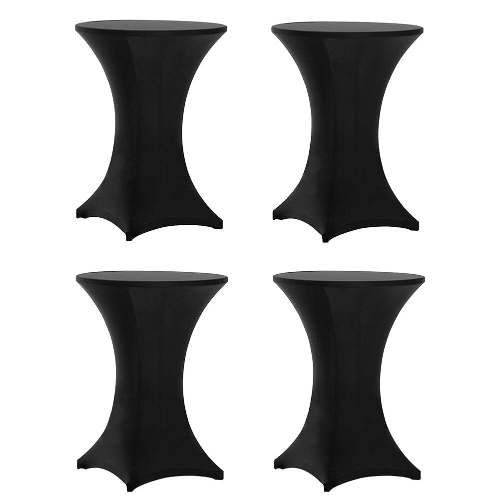 Tina's front view of black cover fitting a high-top table, polished professional look