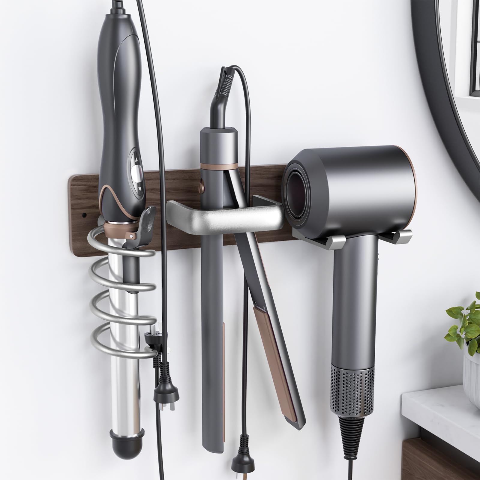 Tindbea front view mounted on wall showing organized hot tools and space saving