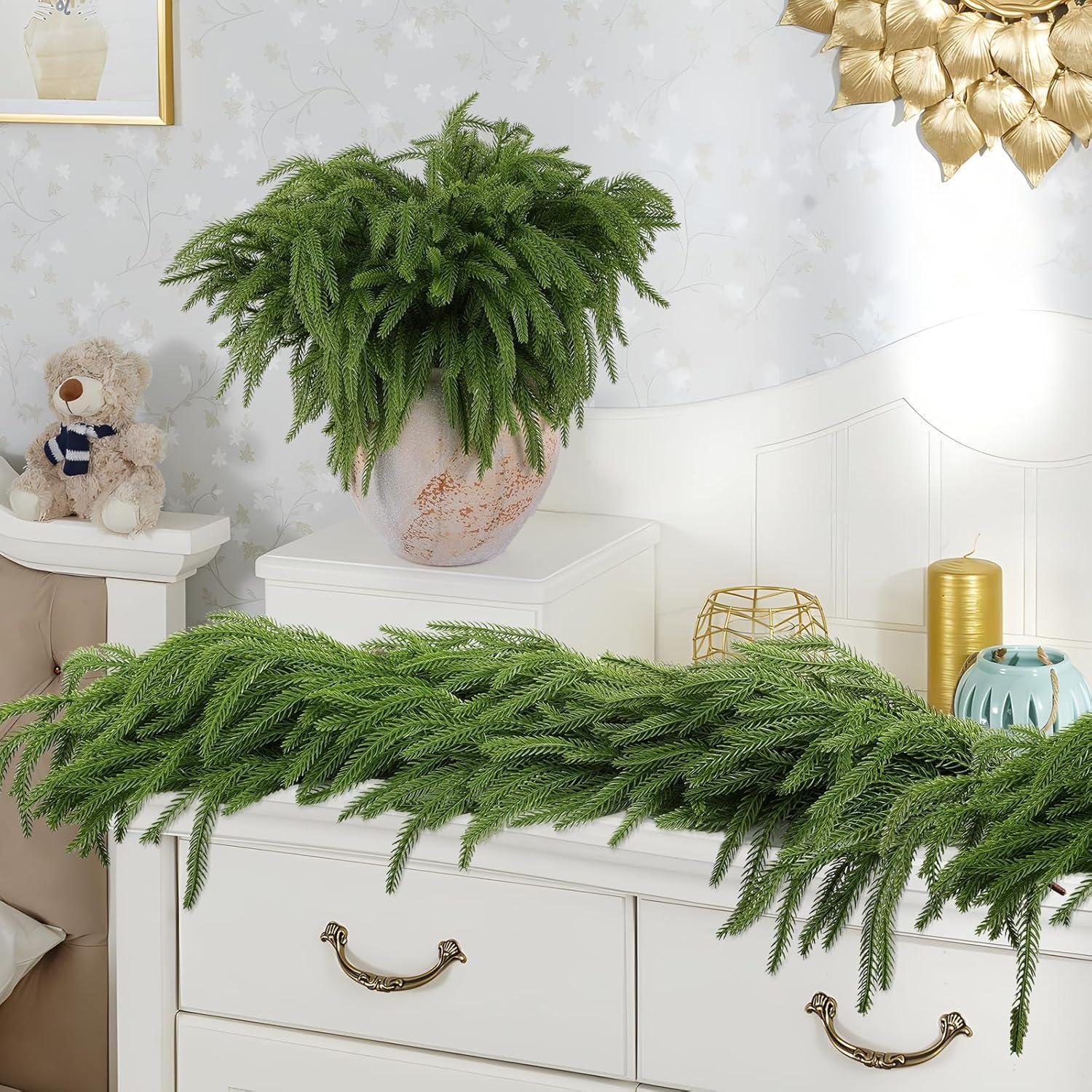 Tinkllicoy garland on mantel with lights showing elegant holiday staging