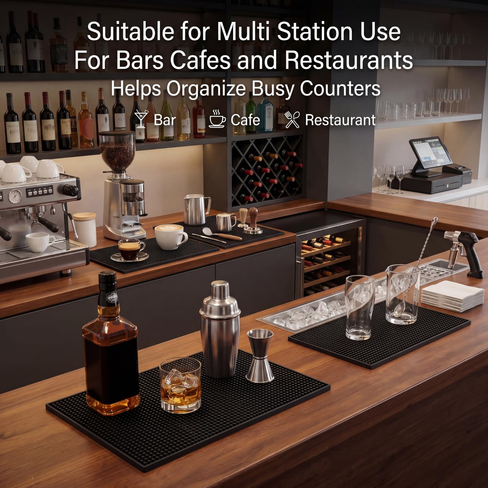 Tioncy mat in use on bar counter with glassware providing tidy workspace