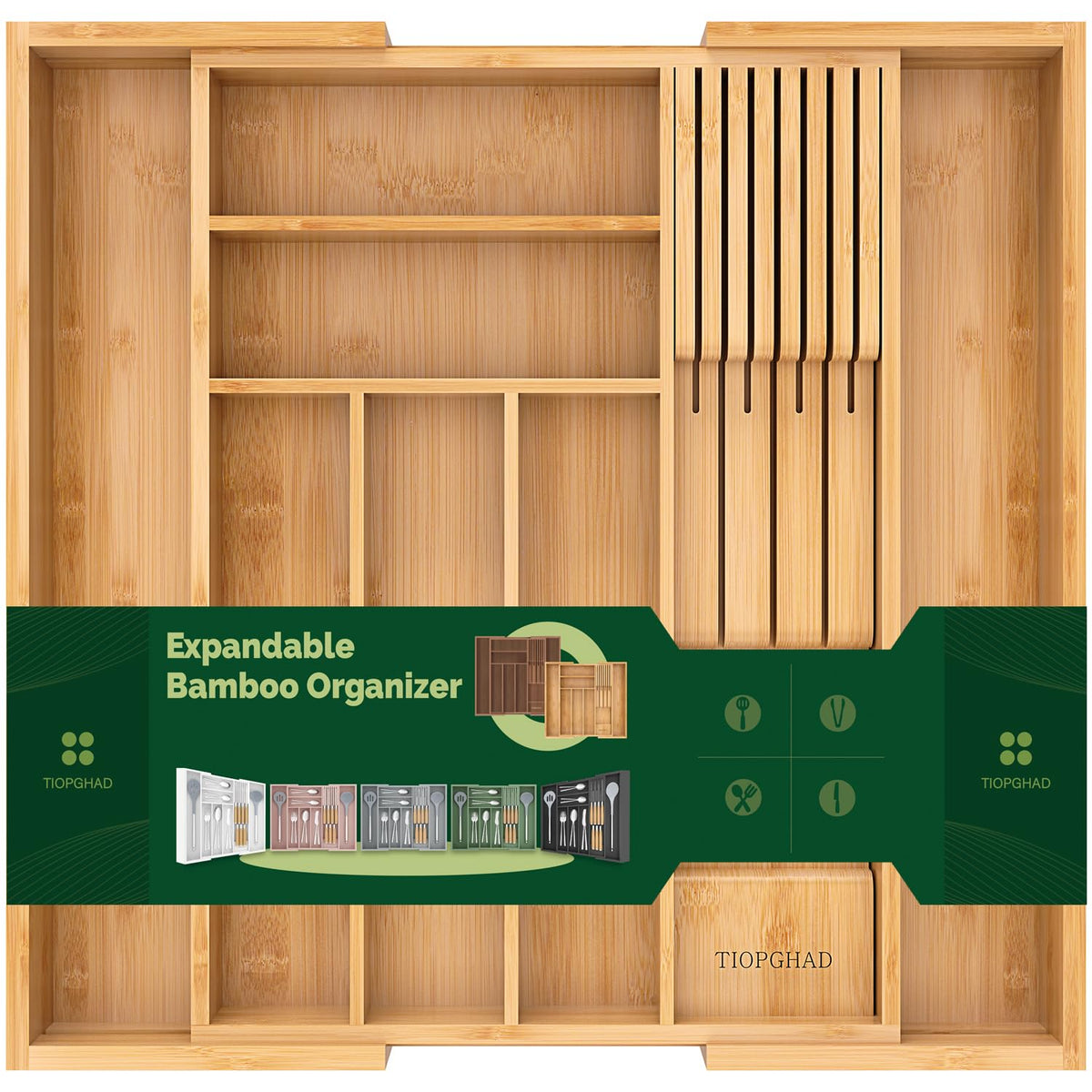 TIOPGHAD bamboo tray front view showing neat utensil organization and improved accessibility