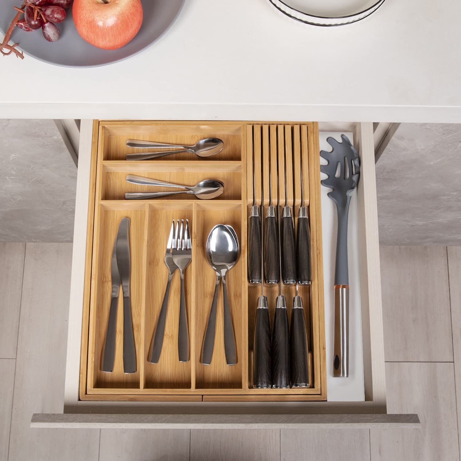 TIOPGHAD organizer next to ruler showing exact dimensions for confident drawer fit