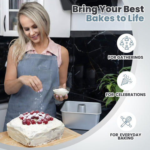 TiParthenos top-down pan with tall cake, shows even bake and serving benefit