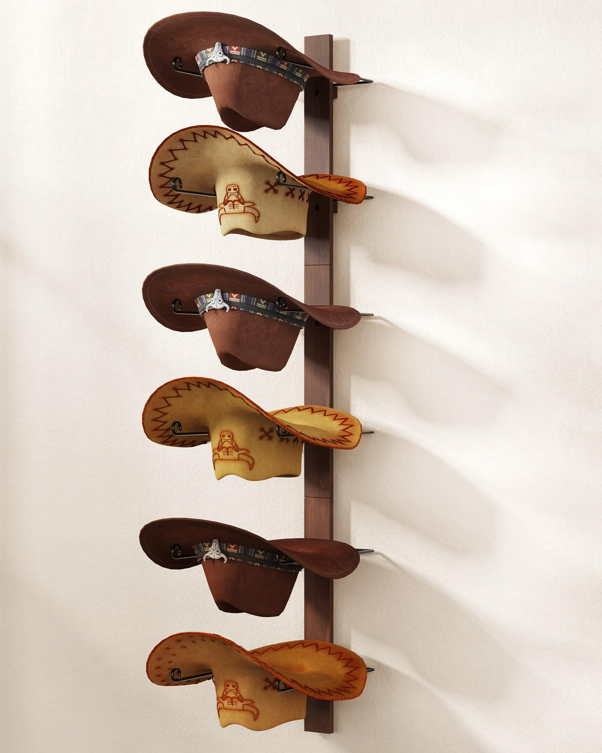 TIPSYTREE front view of cowboy hat rack showing rustic finish and tidy storage benefit