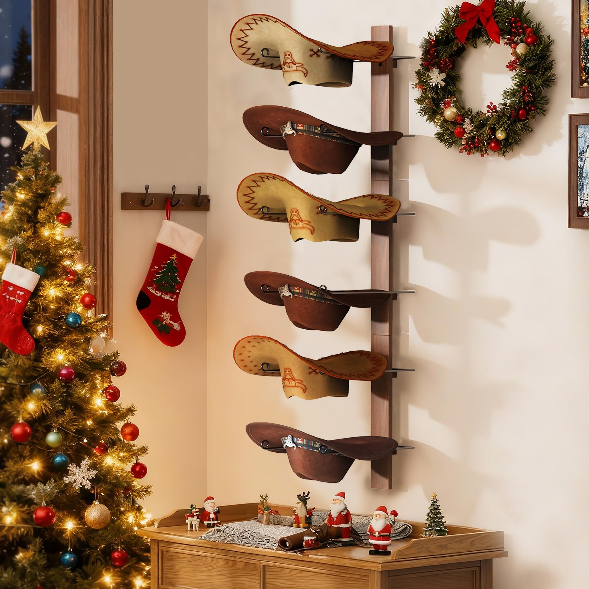 TIPSYTREE rack mounted in an entryway displaying hats and saving floor space