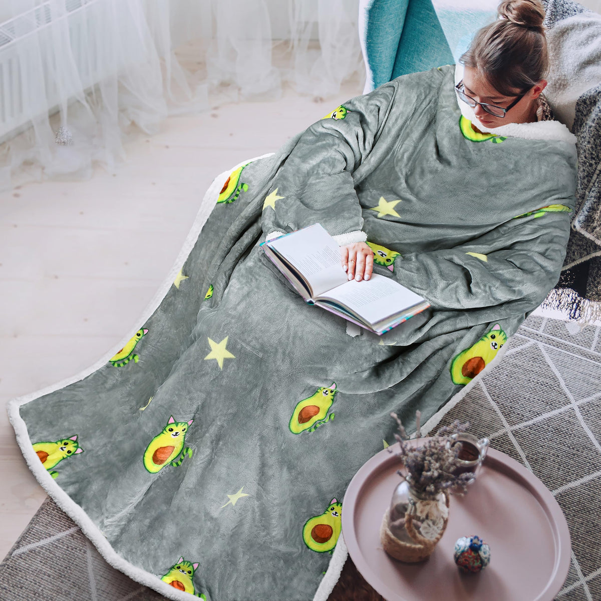 Tirrinia front view of wearable blanket showing full coverage and comfort
