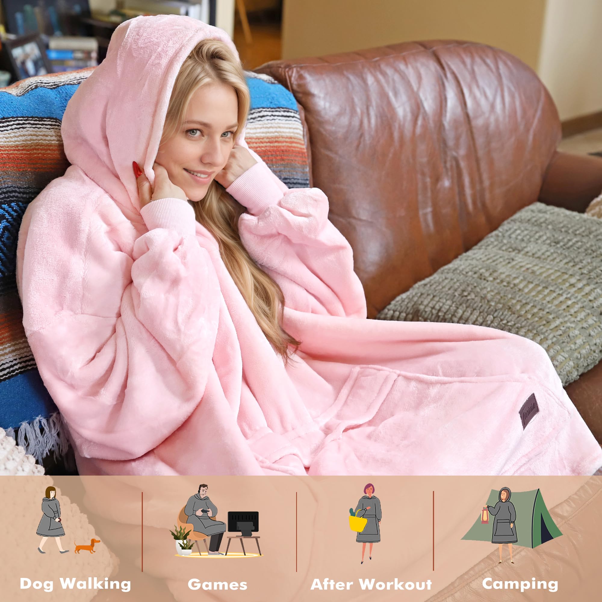 Tirrinia hoodie blanket used outdoors at sporting event for portable warmth