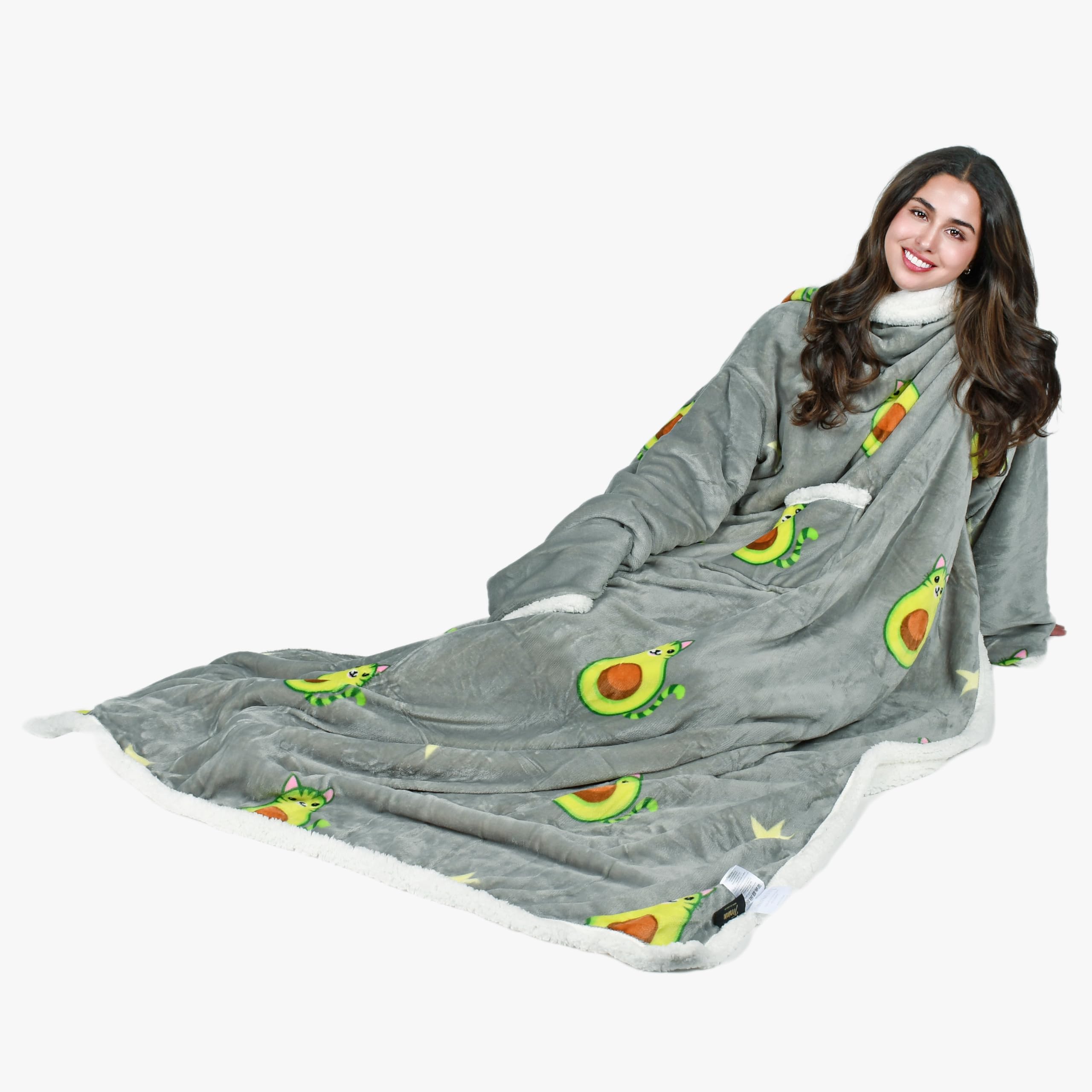 Tirrinia draped over chair to show scale and generous 72 by 55 inches