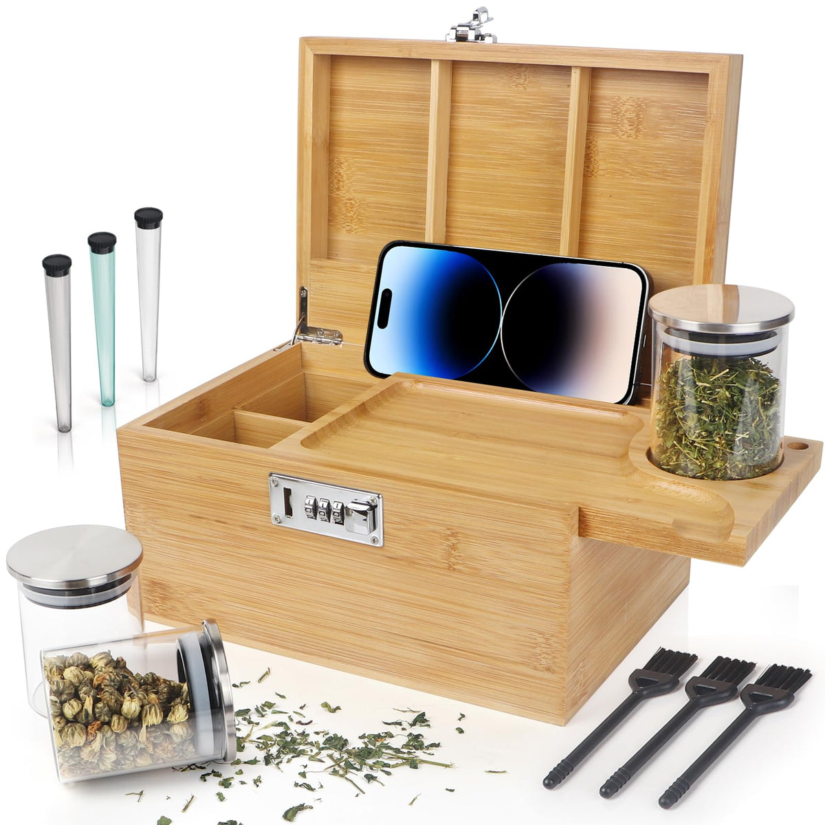TISEMENT bamboo box front view showing elegant design and secure storage