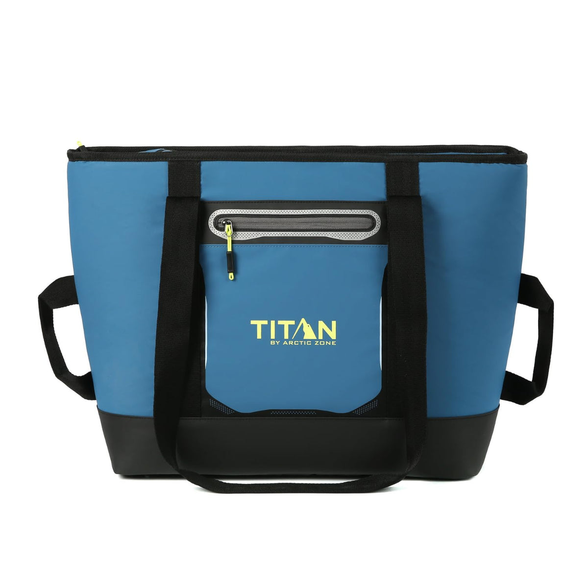 Titan by Arctic Zone front view showing marine blue cooler tote and logo benefit: durable design