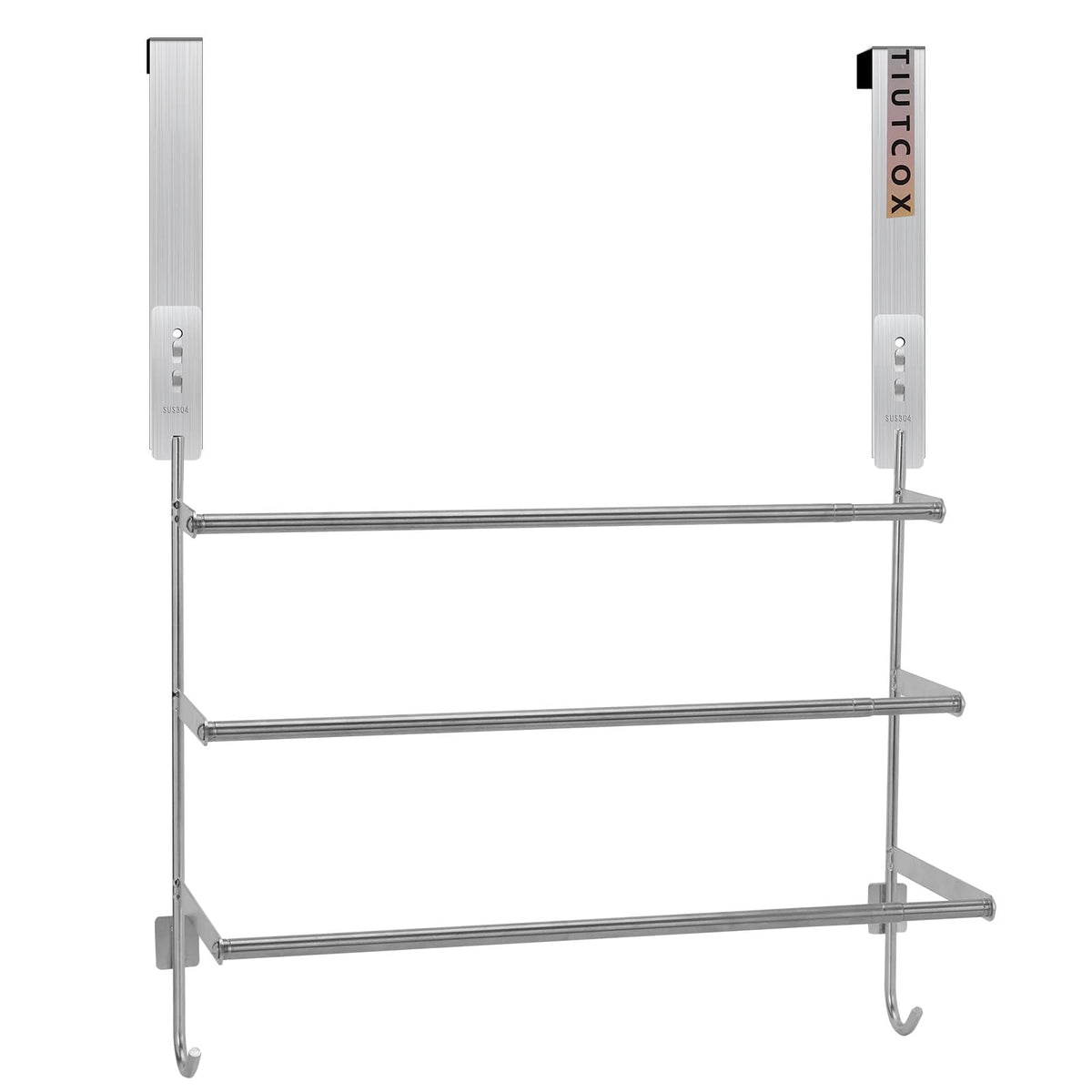 TIUTCOX front view over-the-door towel rack showing three tiers and silver finish, space-saving benefit