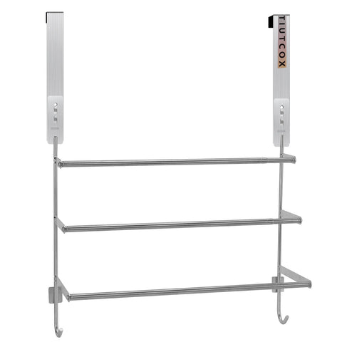 TIUTCOX front view over-the-door towel rack showing three tiers and silver finish, space-saving benefit