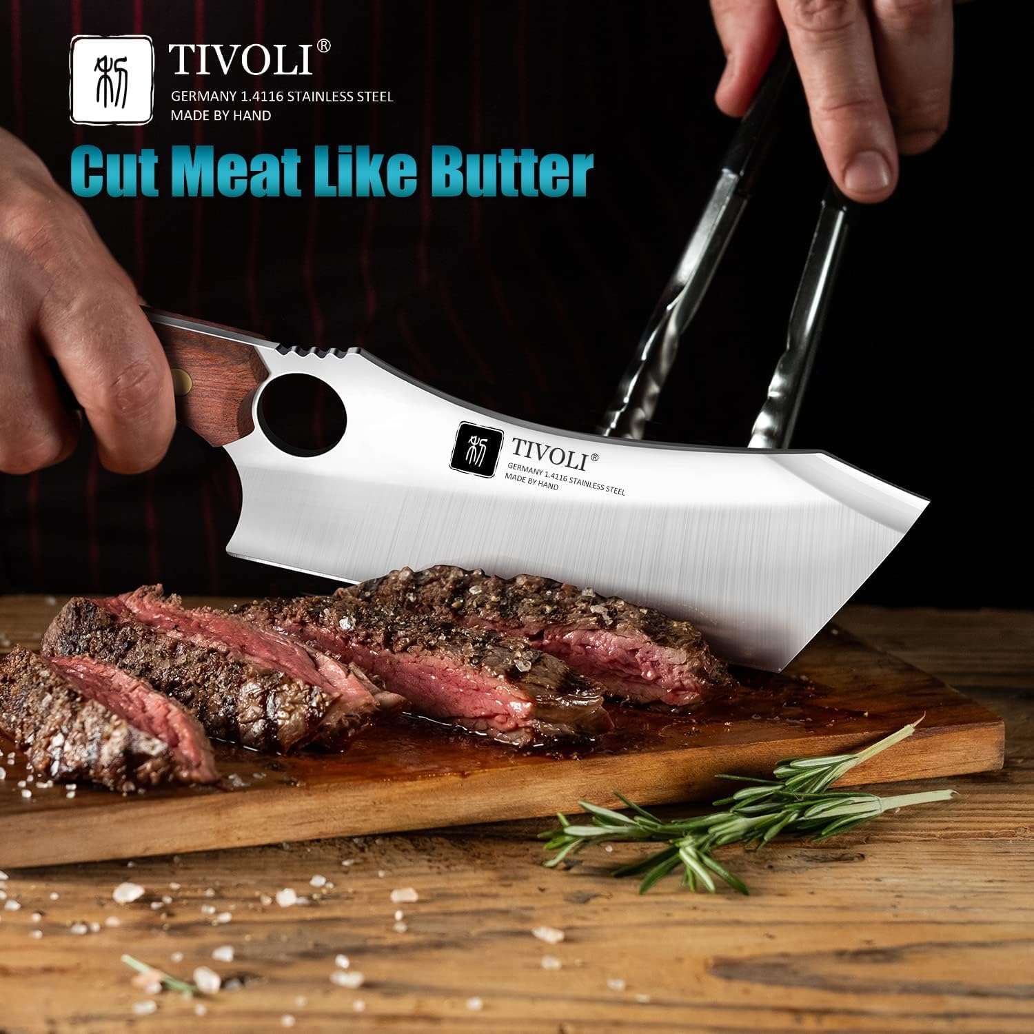 TIVOLI blade closeup highlighting German 1.4116 steel and satin finish for durability
