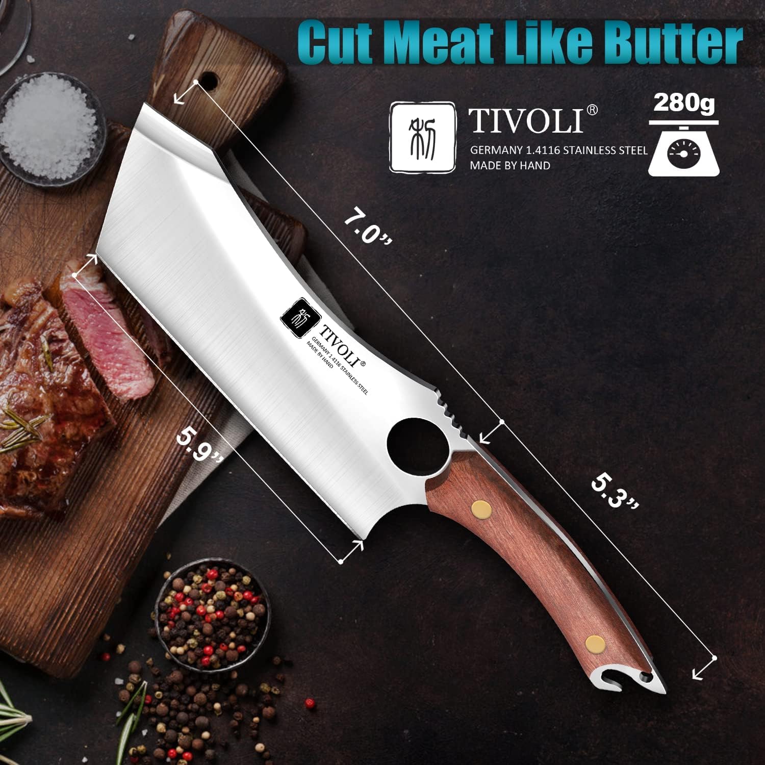 TIVOLI bottle opener at handle end shown opening a bottle for outdoor convenience