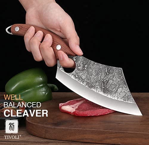 TIVOLI cleaver with leather sheath for safe carry and blade protection