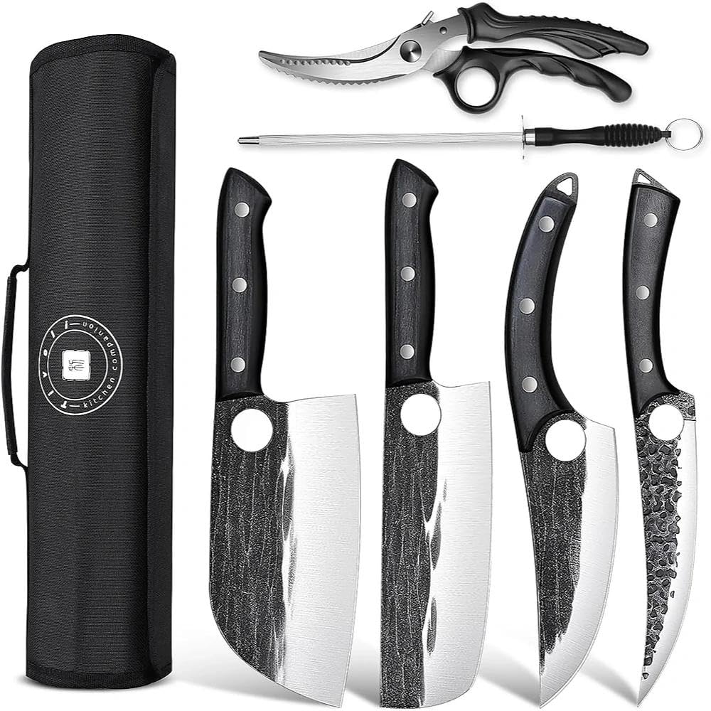 TIVOLI front view of full 7-piece butcher knife set showing all blades and accessories, professional readiness