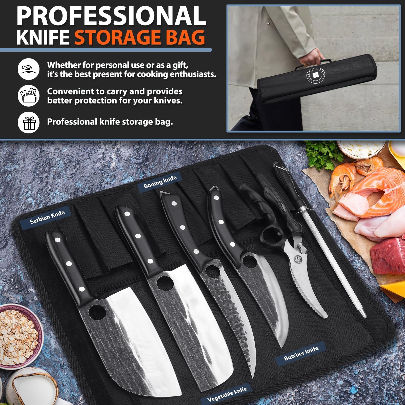 TIVOLI rosewood full-tang handle detail with triple rivets, ergonomic grip for prolonged use
