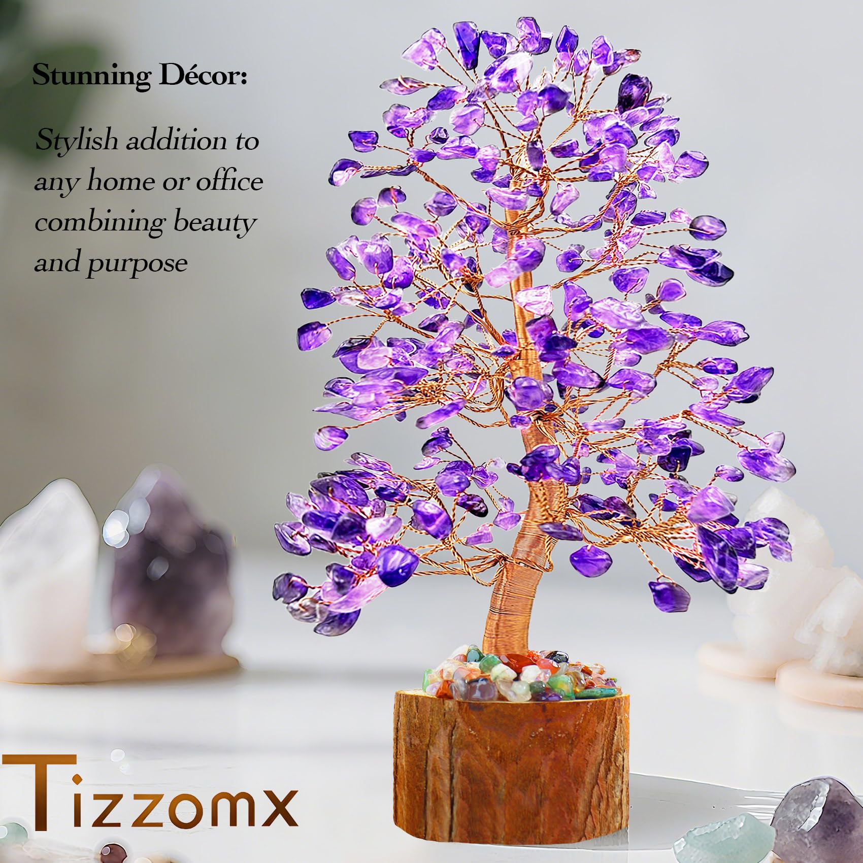 Tizzomx gemstone tree in a meditation corner enhancing visual tranquility