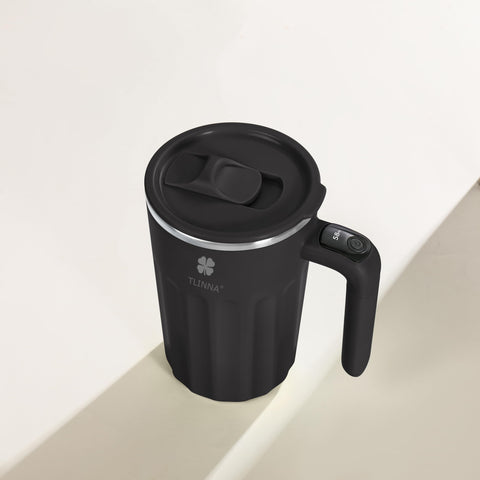 TLINNA on desk with laptop showing hands-free stirring and commute convenience