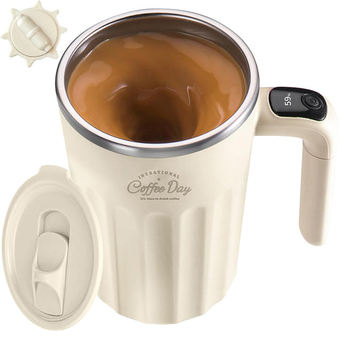 TLINNA front view of self stirring mug showing sleek stainless finish and capacity benefit