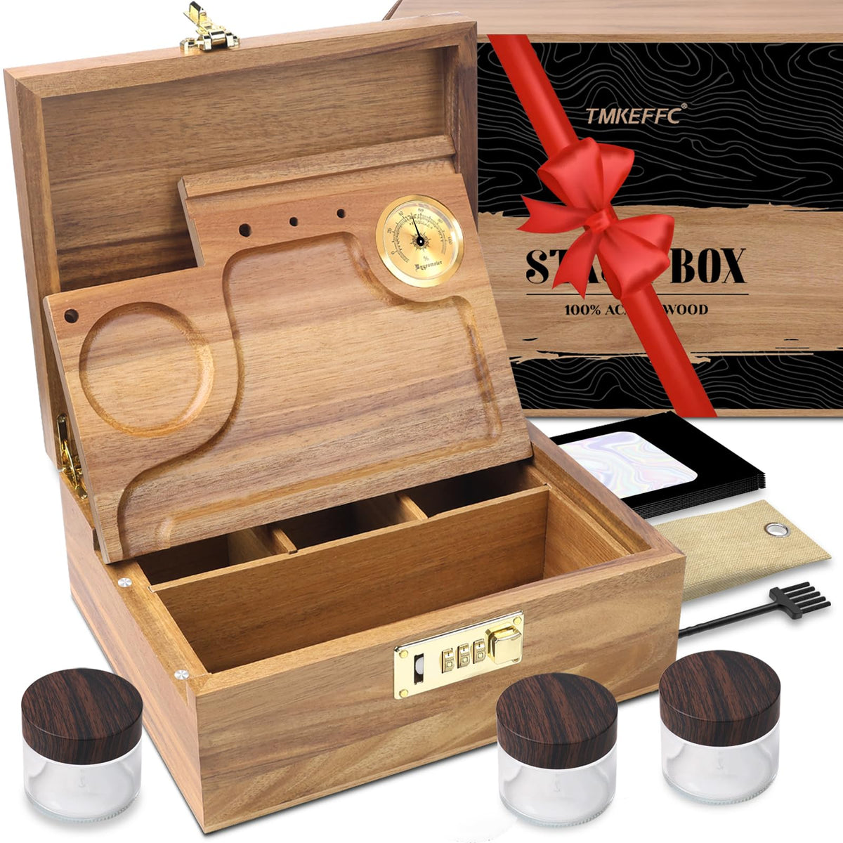 TMKEFFC acacia stash box front view showing lock and wood grain, secure storage benefit