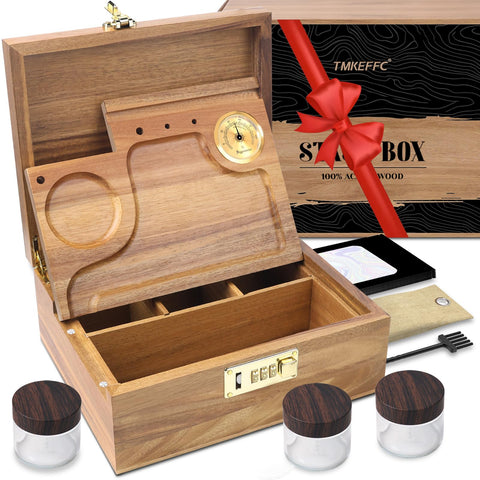 TMKEFFC acacia stash box front view showing lock and wood grain, secure storage benefit