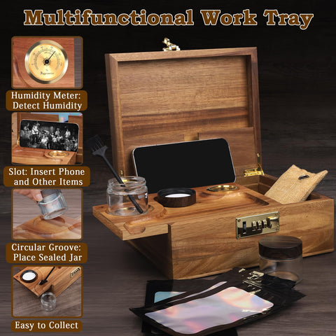 TMKEFFC stash box open to reveal rolling tray and compartments, organized access benefit