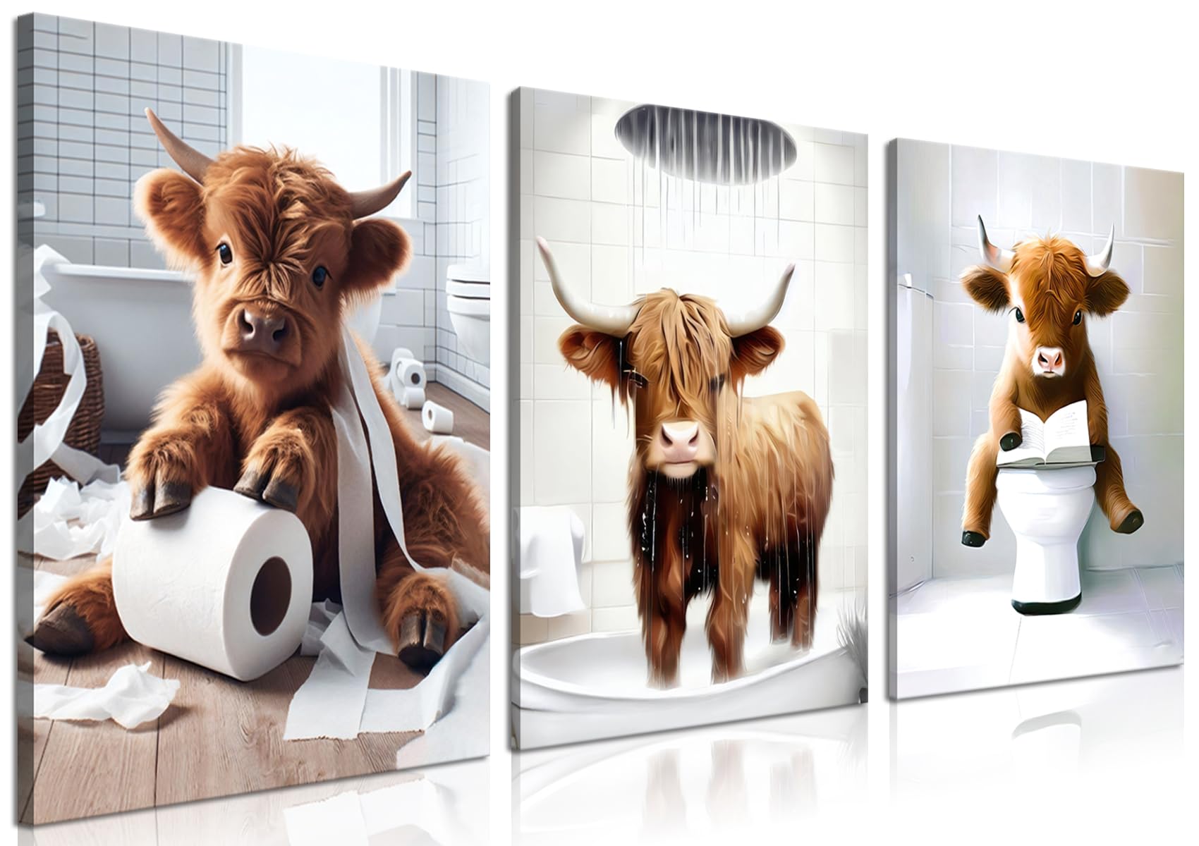 Tmvosn front view of three framed Highland cow prints brightening a bathroom wall