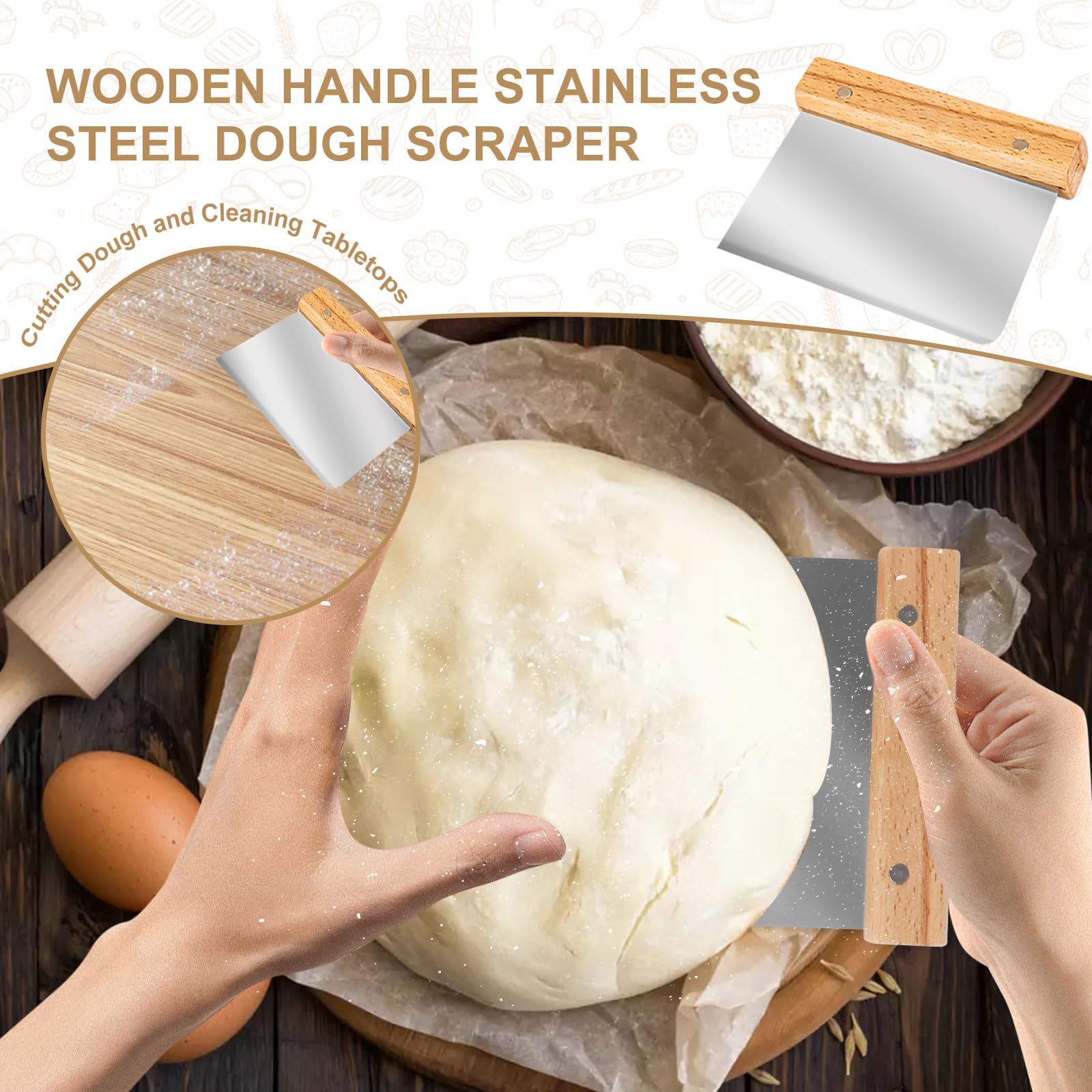 TNELTUEB dough whisk and metal scraper on wood for efficient mixing