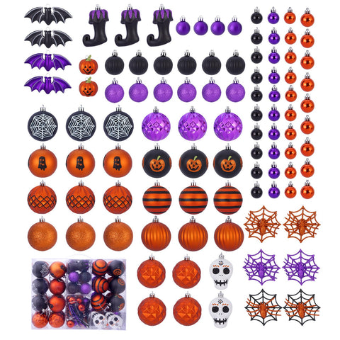 Tngan front packaging showing 100-piece Halloween ornament set and easy setup benefit
