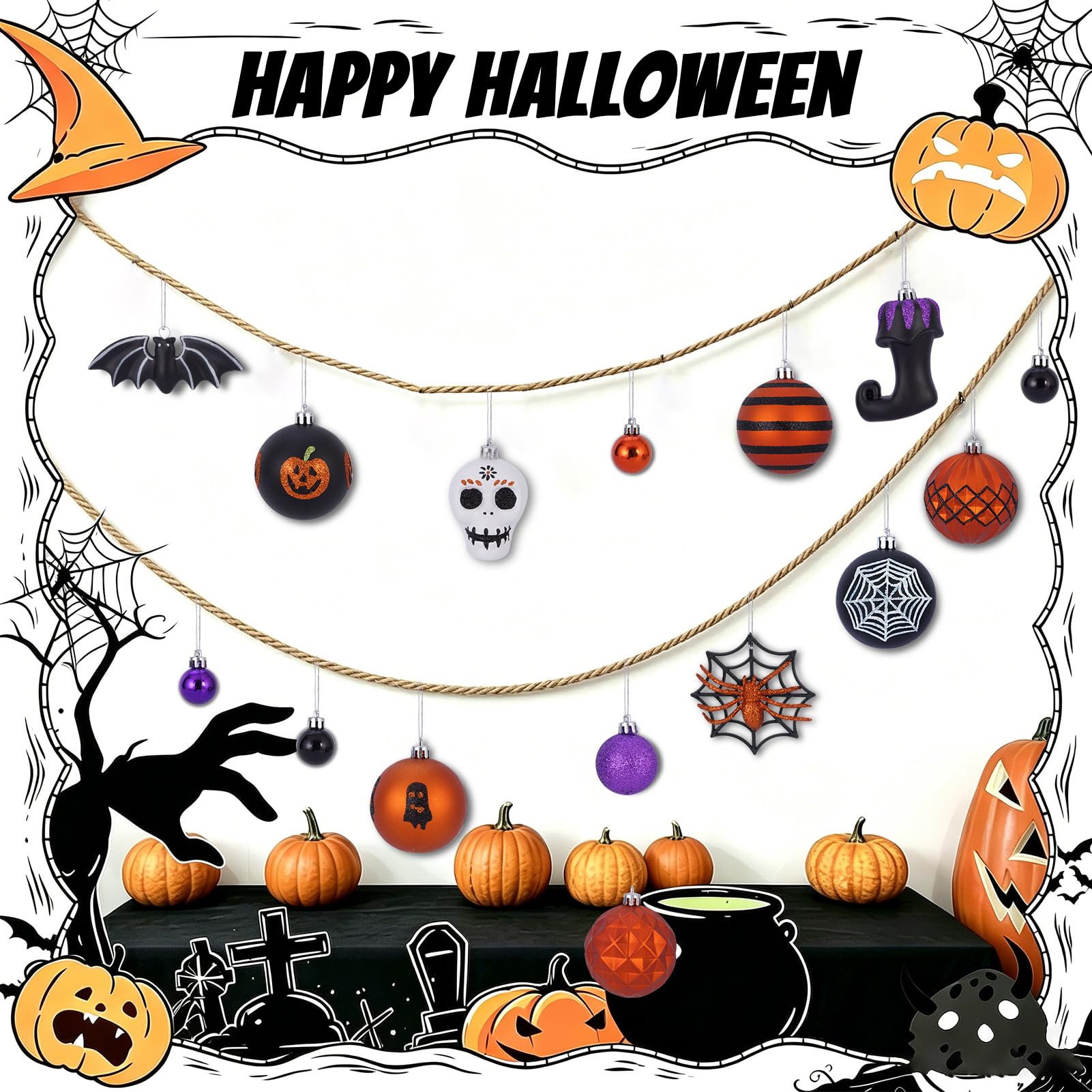 Tngan ornaments on Halloween tree in use creating instant seasonal atmosphere
