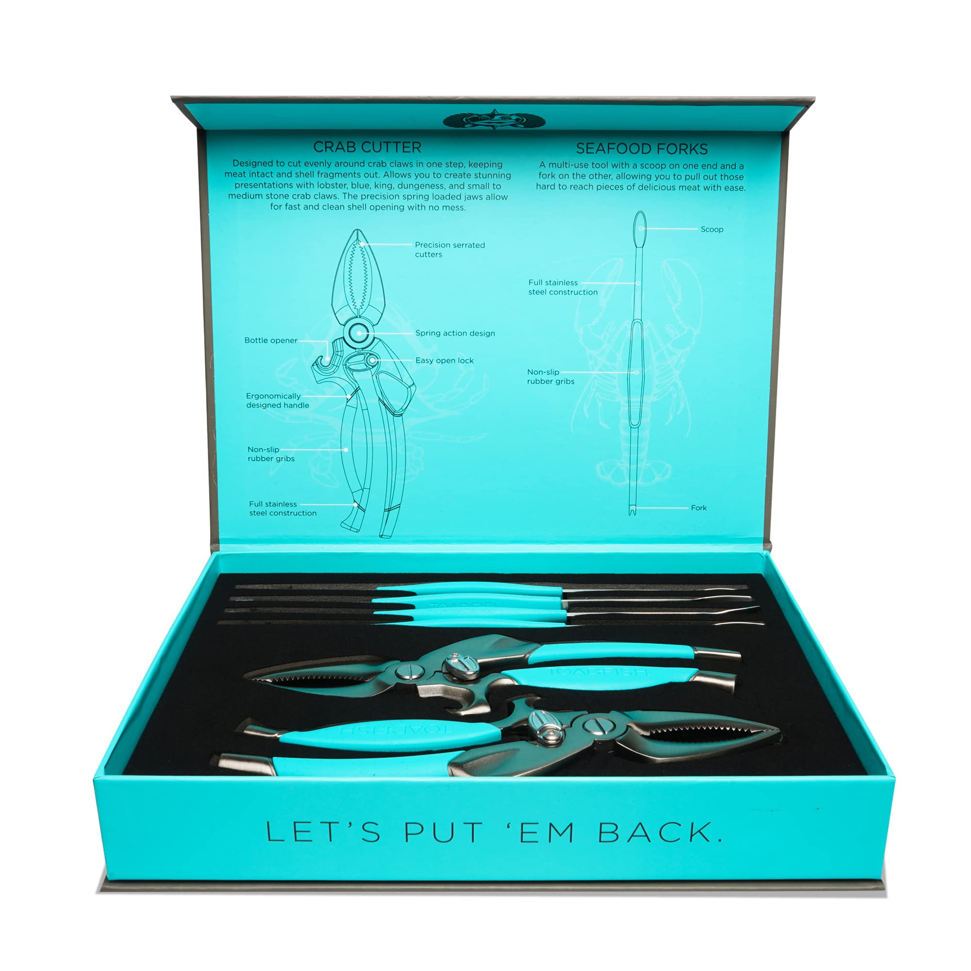 Toadfish front packaging showing full seafood tool set and gift presentation