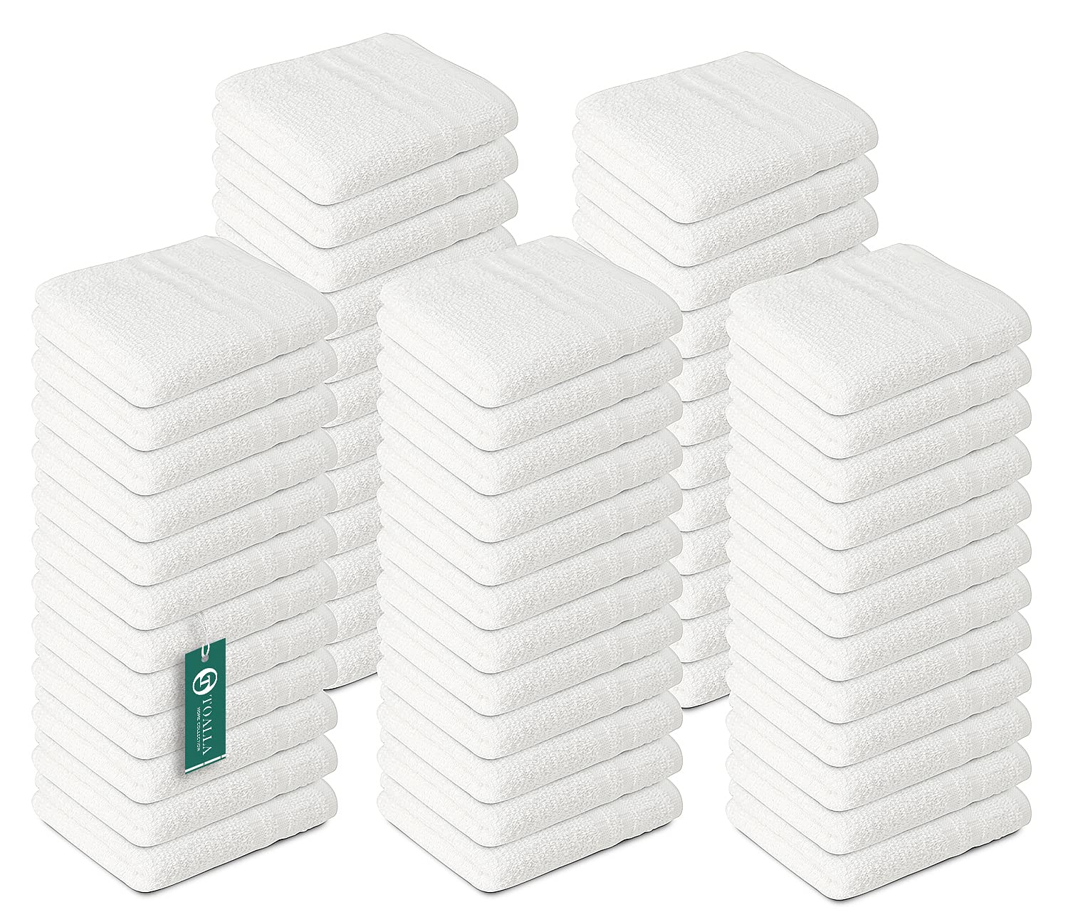 TOALLA front pack of 60 white washcloths showing value pack benefit