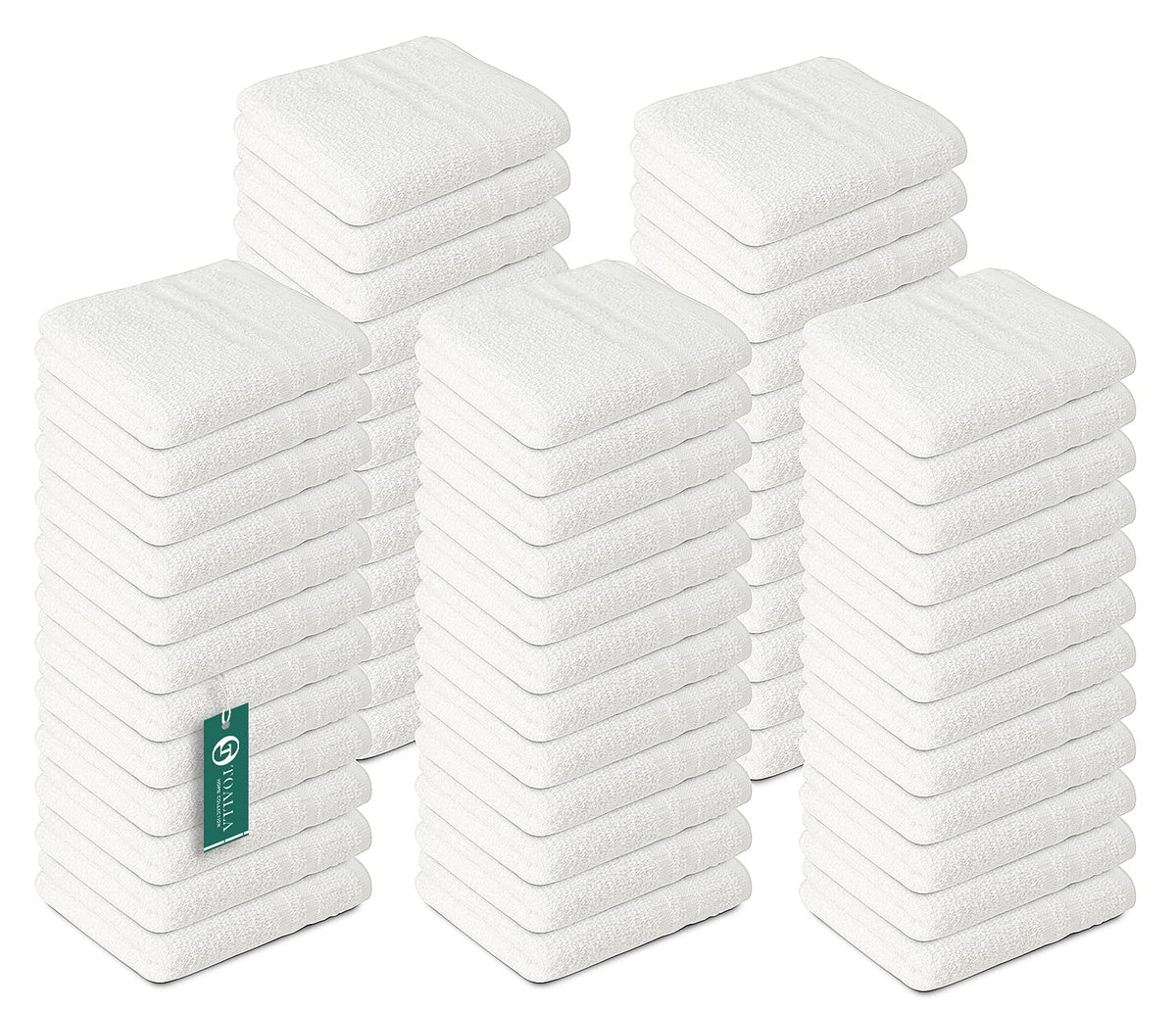 TOALLA front pack of 60 white washcloths showing value pack benefit