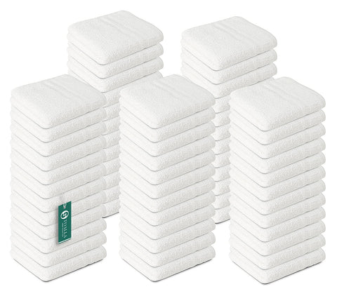 TOALLA front pack of 60 white washcloths showing value pack benefit