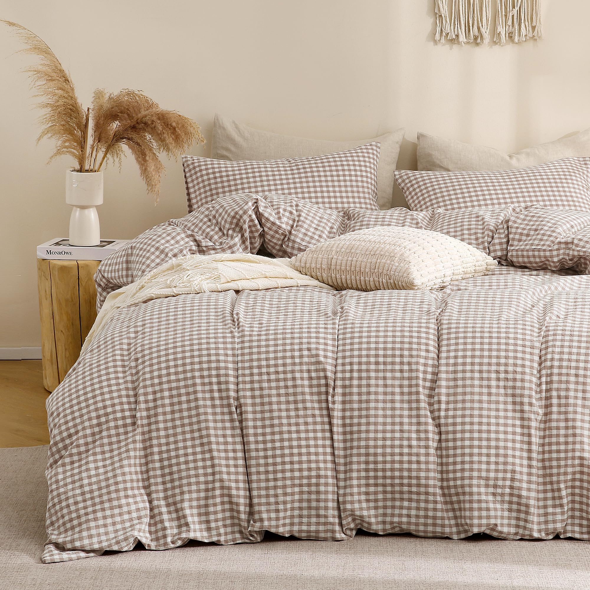 TOCOMOA front view of tan gingham duvet cover set showing pattern and finish, adds warm charm
