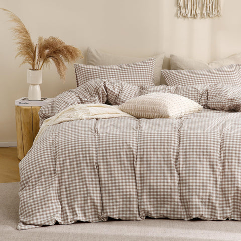 TOCOMOA duvet cover front view showing tan gingham and warm styling benefit
