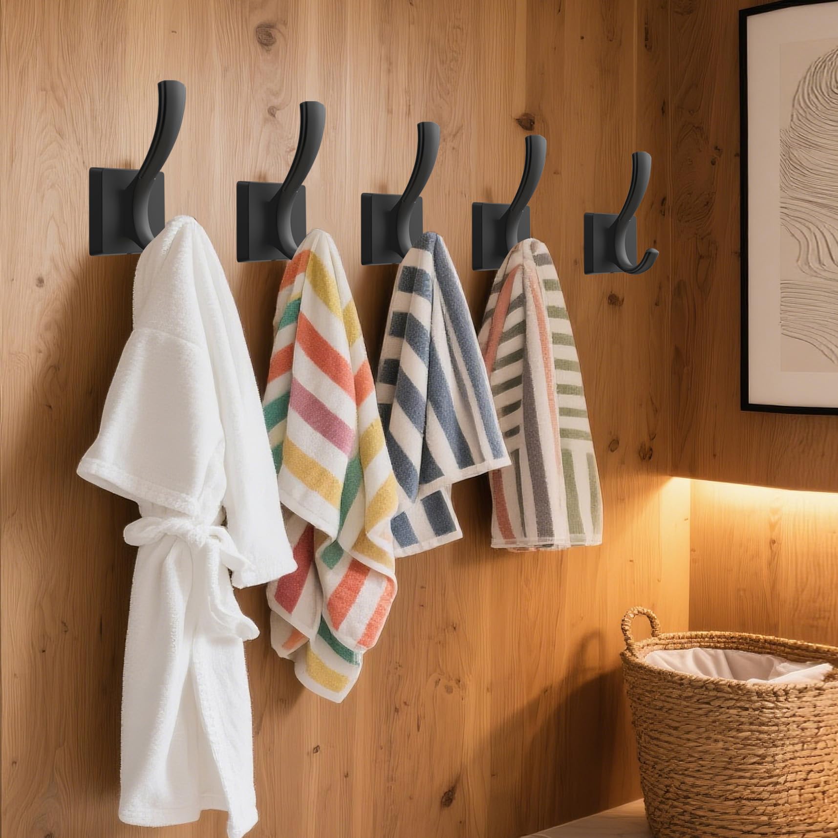TOFIIGREM hooks installed in a bathroom holding towels, saving space and resisting rust