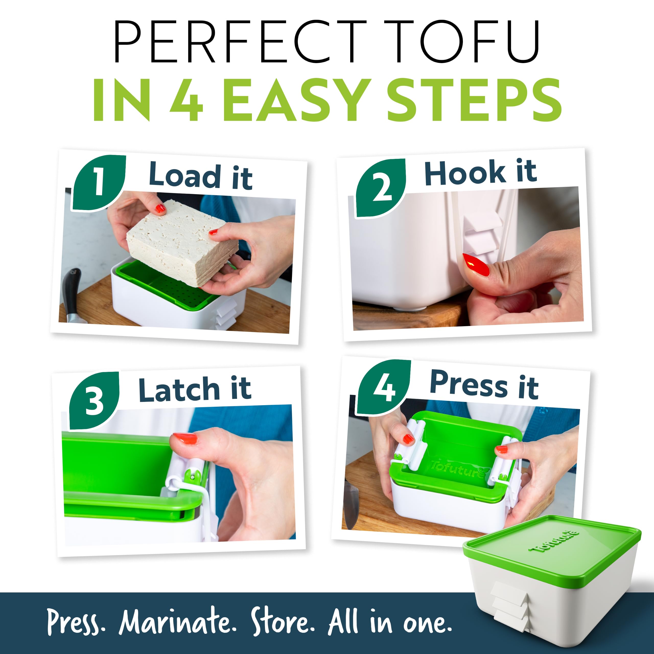 Tofuture pressing two tofu blocks demonstrating size and capacity
