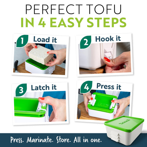 Tofuture pressing two tofu blocks demonstrating size and capacity