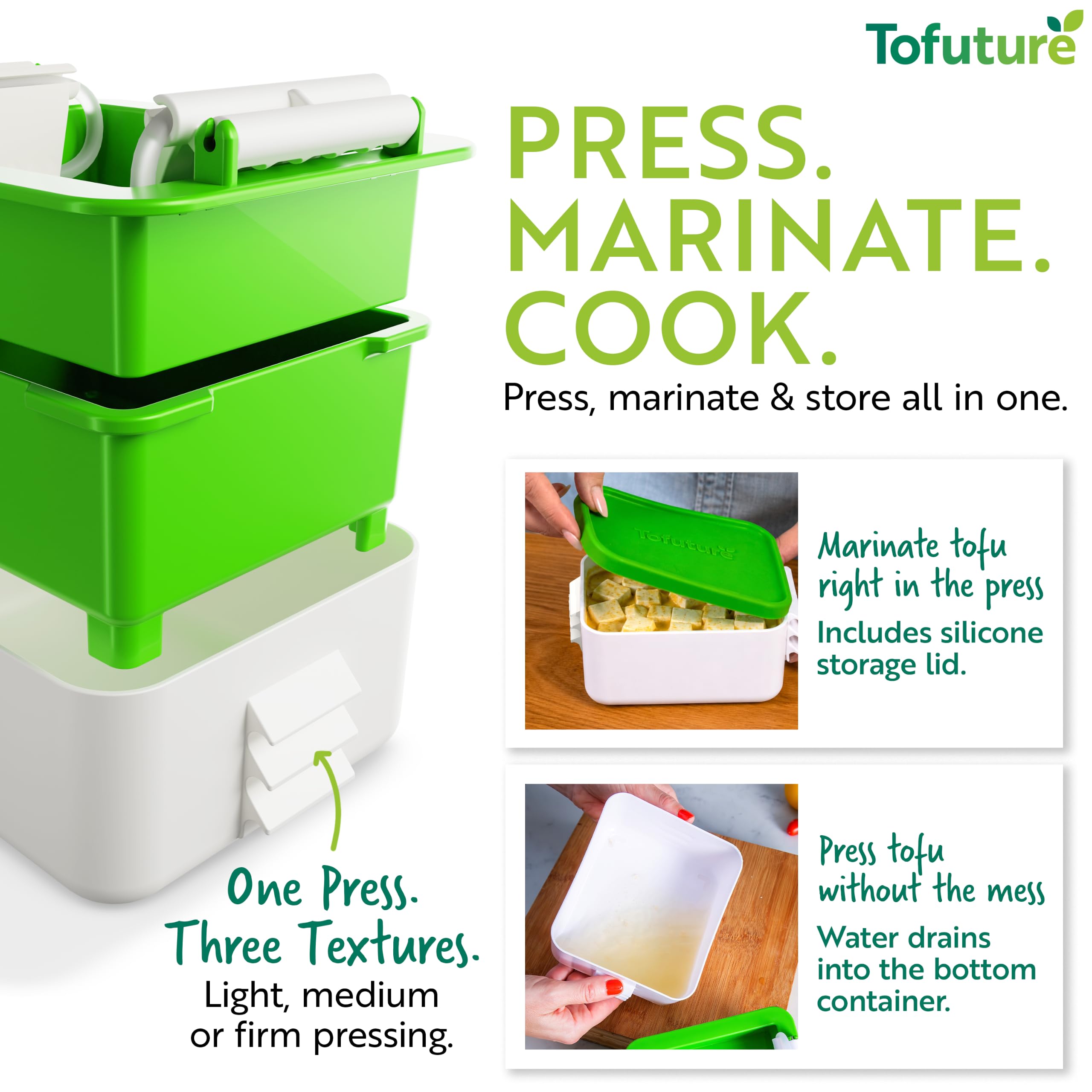 Tofuture press with silicone lid marinating tofu for flavor infusion