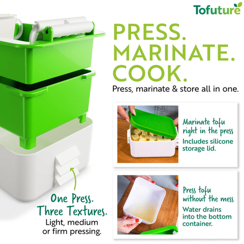 Tofuture press with silicone lid marinating tofu for flavor infusion