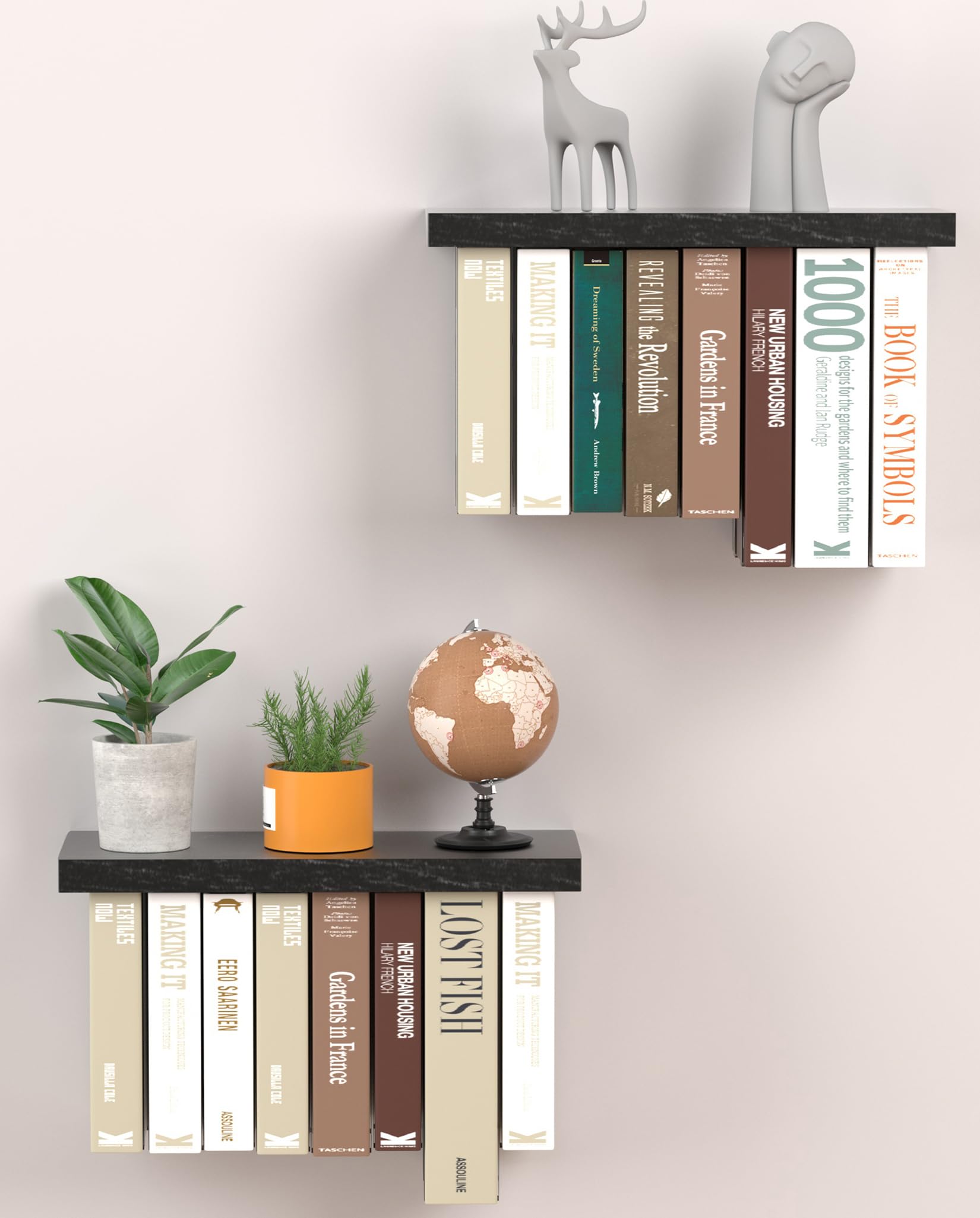 Tohiasen front view of floating bookshelf showing clean display and storage benefit