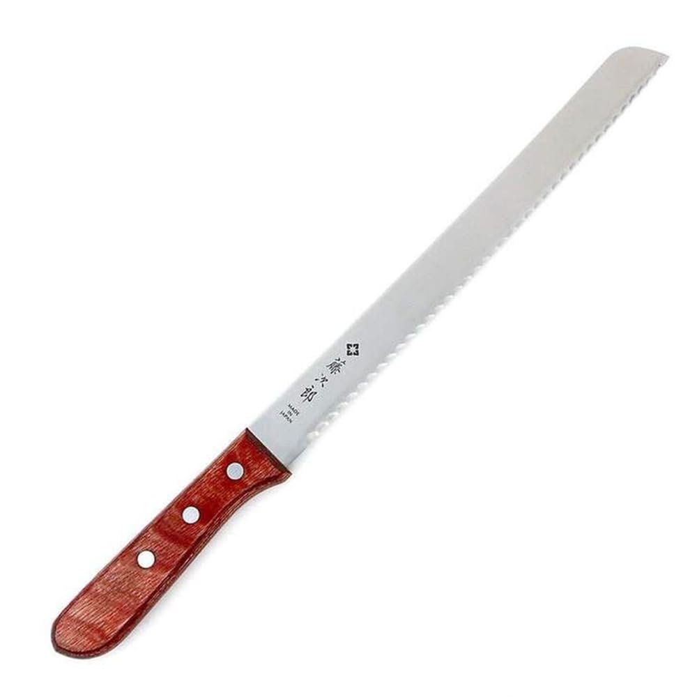 Tojiro bread knife front view showing full blade and handle, clear slicing advantage